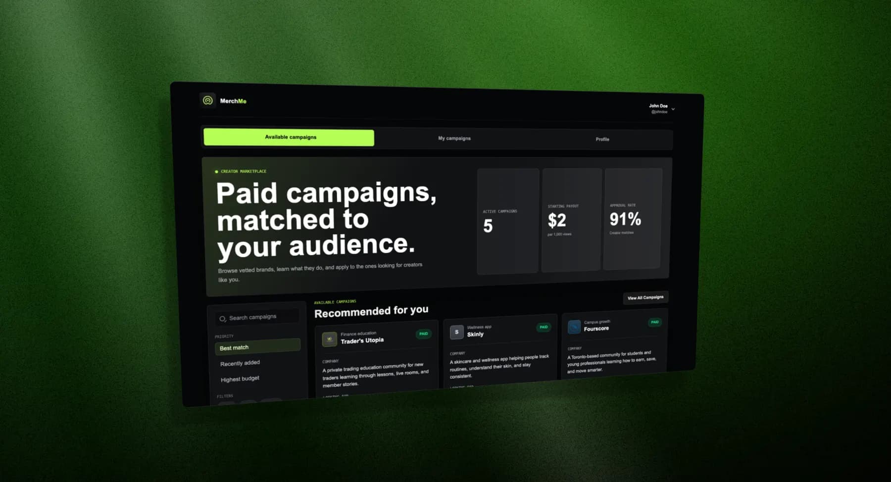 MerchMe creator dashboard showing available paid UGC campaigns.